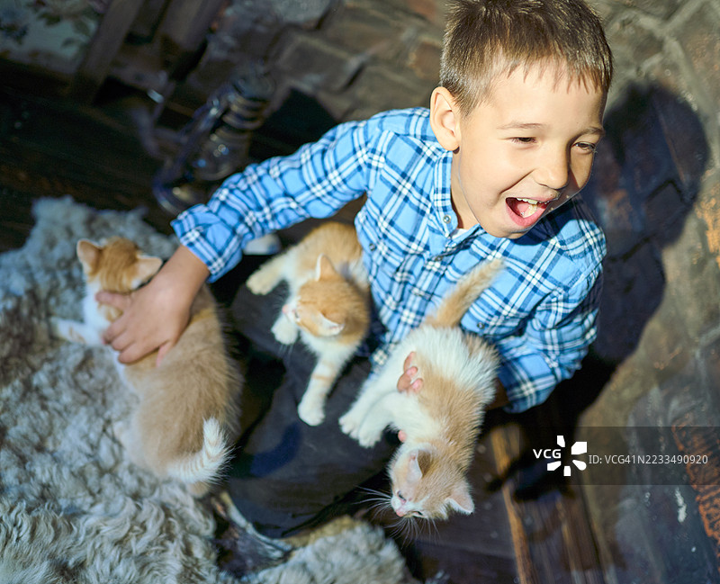 一个快乐的男孩在和姜黄色的小猫玩耍图片素材
