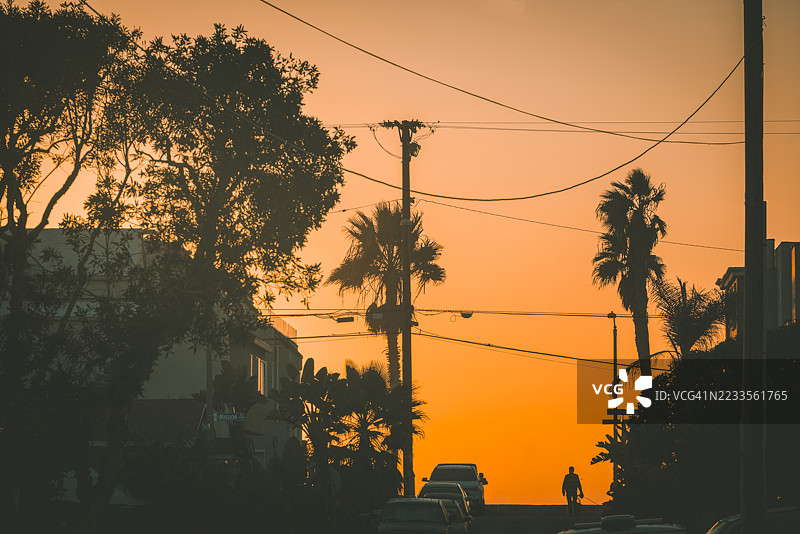 日落天空下树木和一个人的剪影，圣地亚哥，美国图片素材