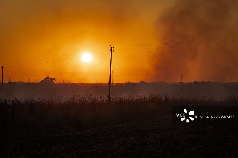 烟雾弥漫的田野上空的日落与电力线图片素材