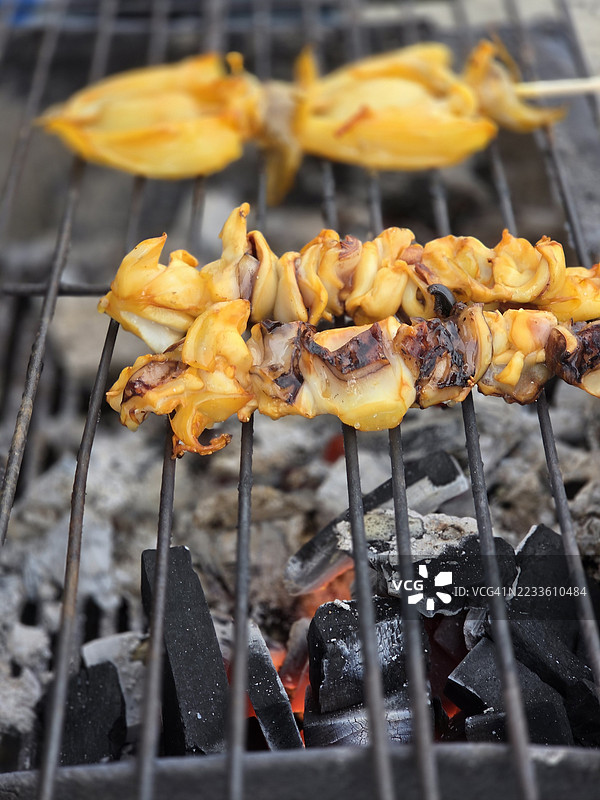 新鲜的鱿鱼在炭火上烤制图片素材
