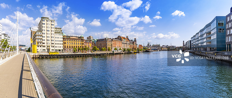 瑞典马尔默的斯凯普斯布隆街和大学桥沿运河而建图片素材