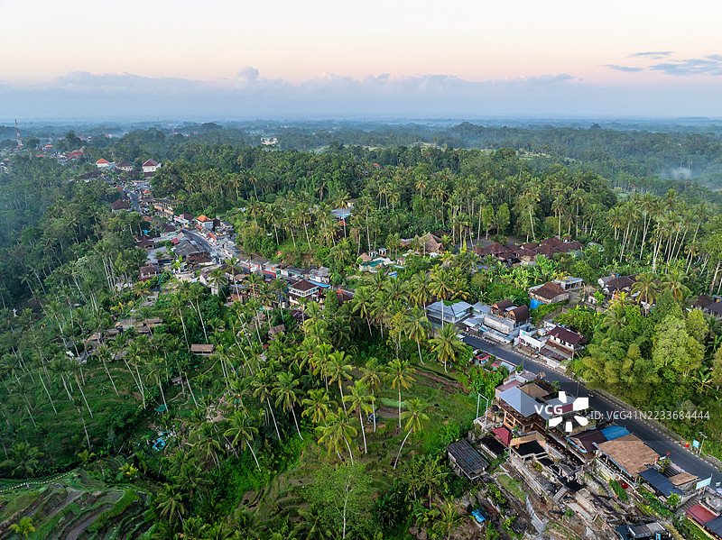令人惊叹的印度尼西亚巴厘岛空中视角,展示了生机勃勃的稻田、郁郁葱葱的风景和沐浴在温暖日出光辉中的传统村庄。体验这个热带天堂的宁静之美和丰富文化。图片素材