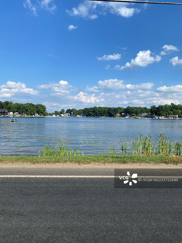 宁静的湖泊景观，蓝天与白云，达瓦基亚克，美国图片素材