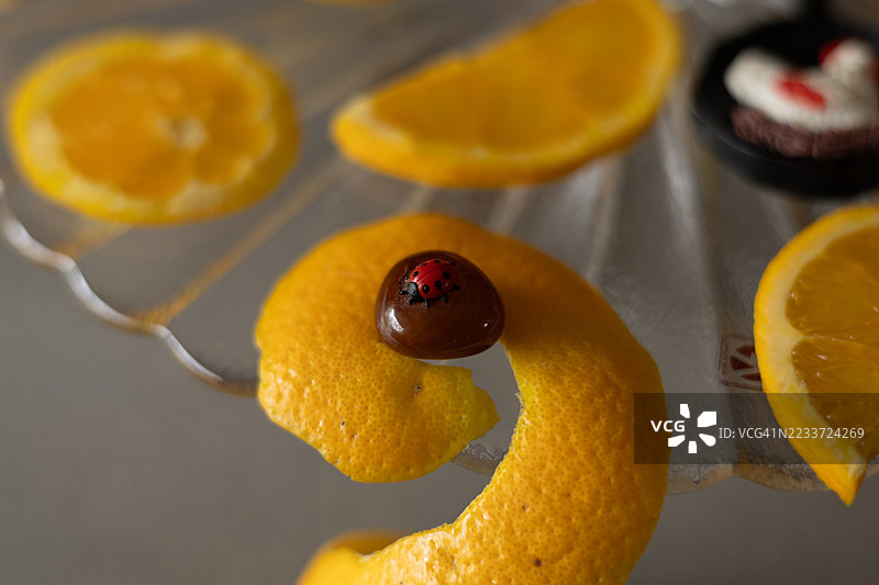 橙子切片和瓢虫在玻璃盘上的特写镜头图片素材
