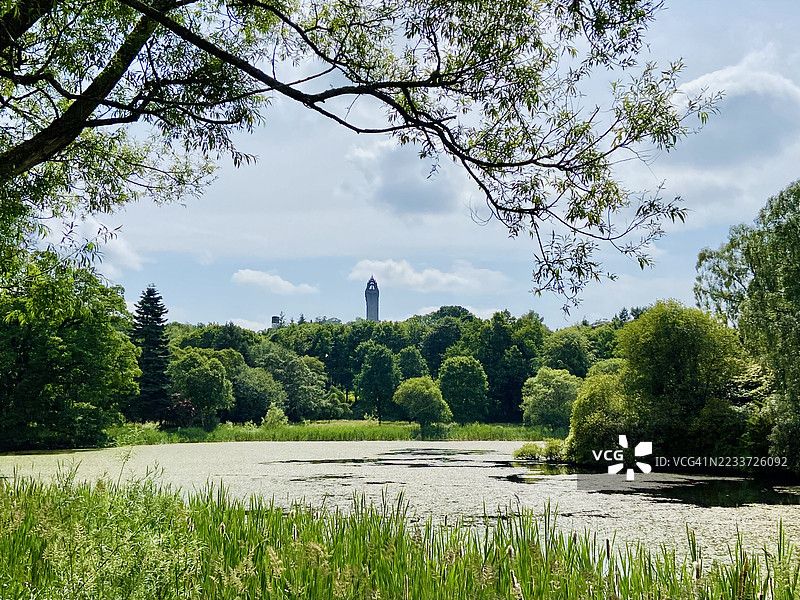 宁静的湖景，远处有塔楼，英国图片素材