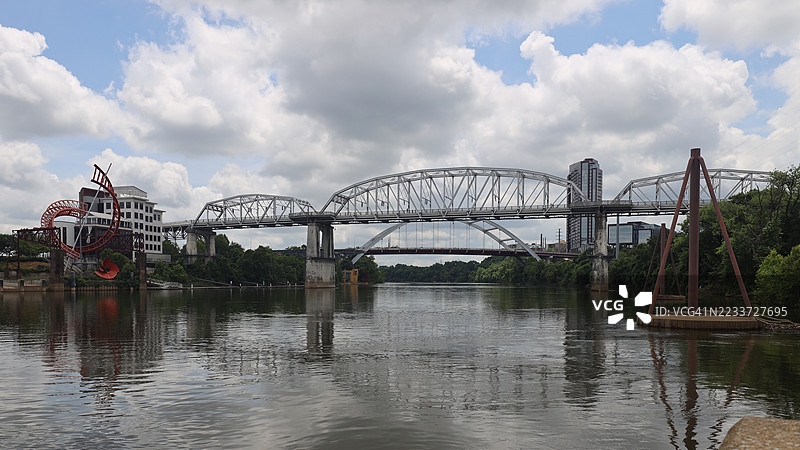 在阴云密布的天空下，跨越河流的钢桥，纳什维尔，美国图片素材
