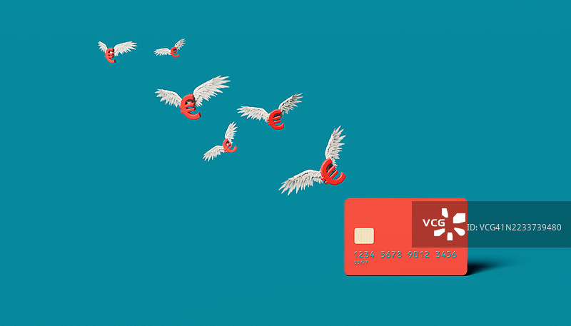 红色欧元符号带着天使翅膀从超大信用卡上飞离，背景为抽象金融图案图片素材