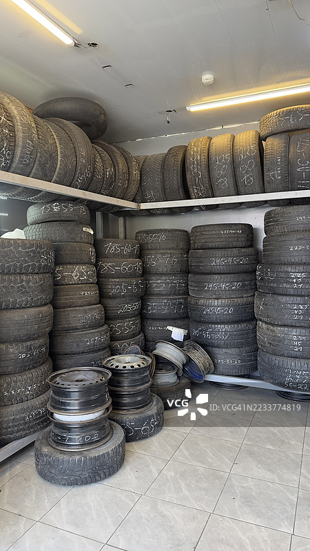 室内车库环境中展示的堆叠轮胎和车轮图片素材
