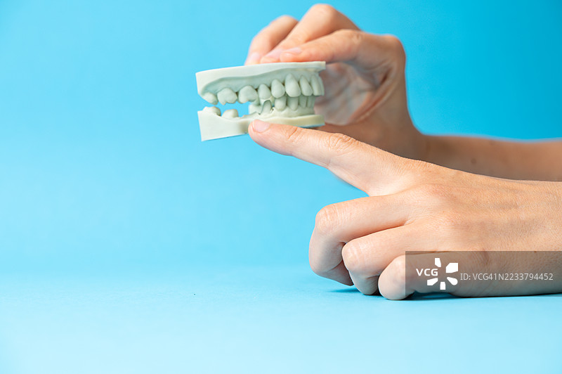 手握3D打印的下颌模型，背景为蓝色图片素材