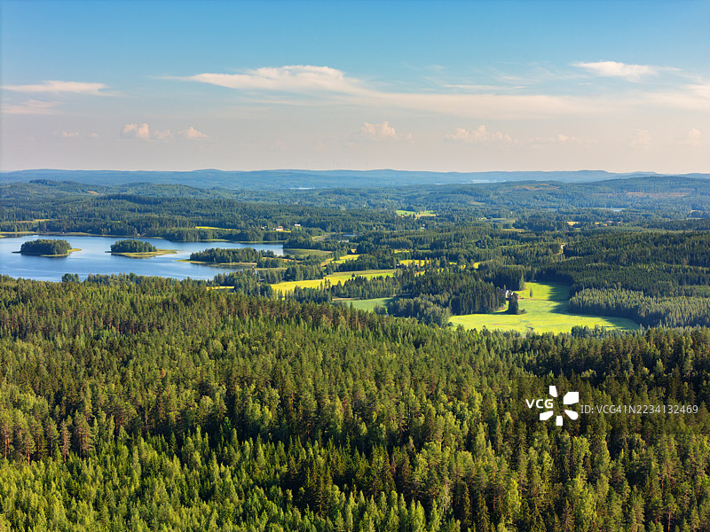 芬兰中部阳光明媚的夏日，丘陵林地和湖泊的鸟瞰图图片素材