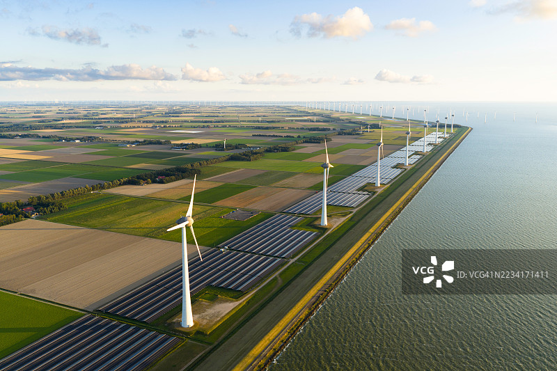 荷兰湿地风景的海岸线航拍照片，展示了风力涡轮机和太阳能电池板田。图片素材
