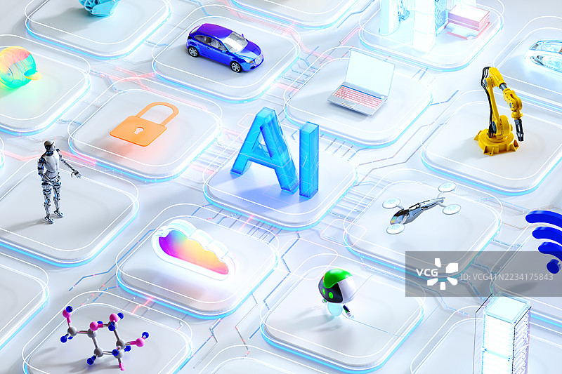人工智能标志周围环绕着相互连接的多个对象。图片素材