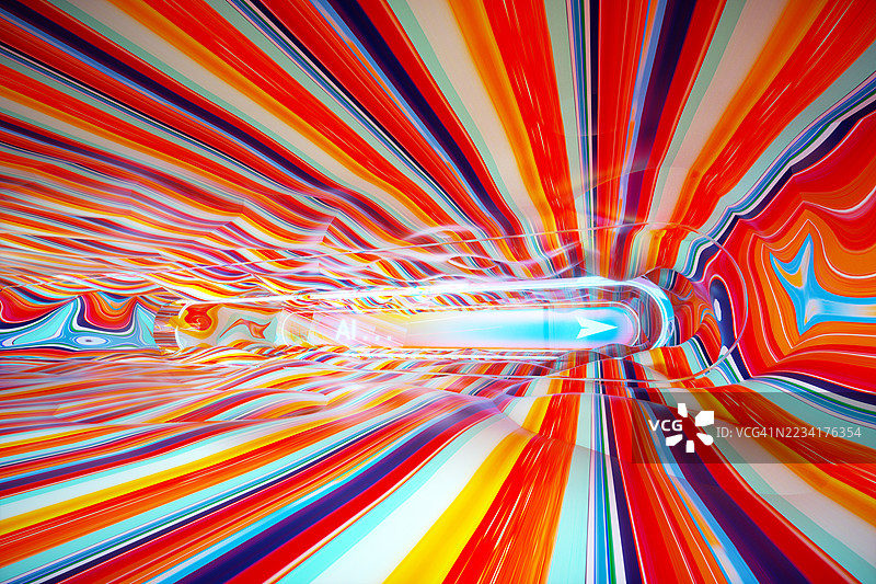 AI搜索栏在多彩条纹隧道内发送脉冲。图片素材