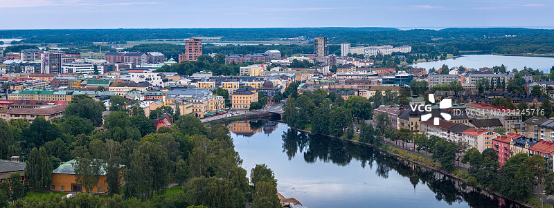 瑞典卡尔斯塔德市中心的空中视角，河流与历史建筑相映成趣图片素材