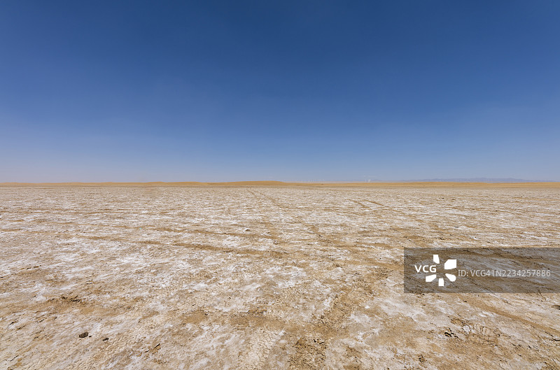 中国青海的干旱景观。沙漠地区有石头、沙子和草。蓝天。图片素材