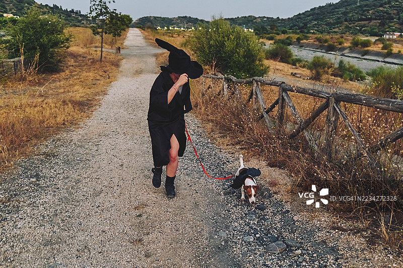 红发女子穿着女巫服装，带着她的杰克拉塞尔梗狗在乡村的夜晚散步，狗狗穿着蝙蝠翅膀的万圣节服装。图片素材