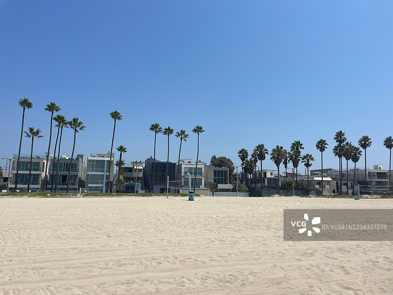 现代海滨别墅与棕榈树在晴朗的蓝天下，洛杉矶，美国图片素材