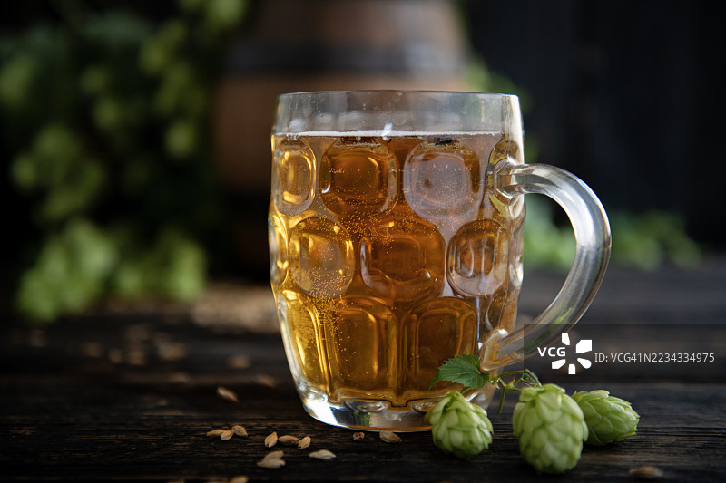 金色啤酒在木桌上的玻璃杯中，旁边有啤酒花图片素材