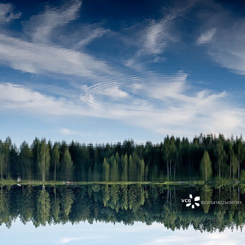 宁静湖面上森林与天空的倒影图片素材