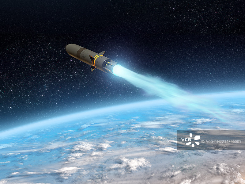 地球轨道上的洲际导弹，蓝色推进器喷射火焰图片素材