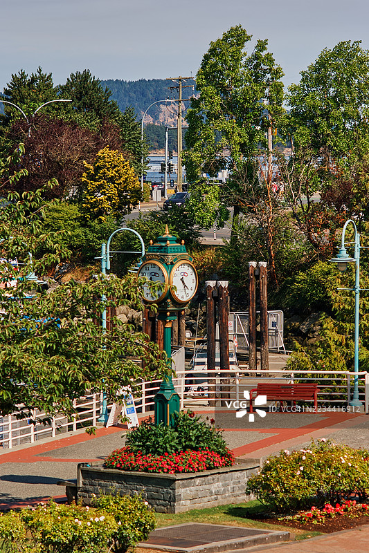 纳奈莫海滨长廊上的街钟和鲜花图片素材