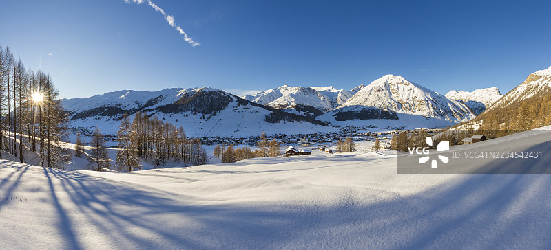 冬日阳光透过雪-covered森林和山坡图片素材