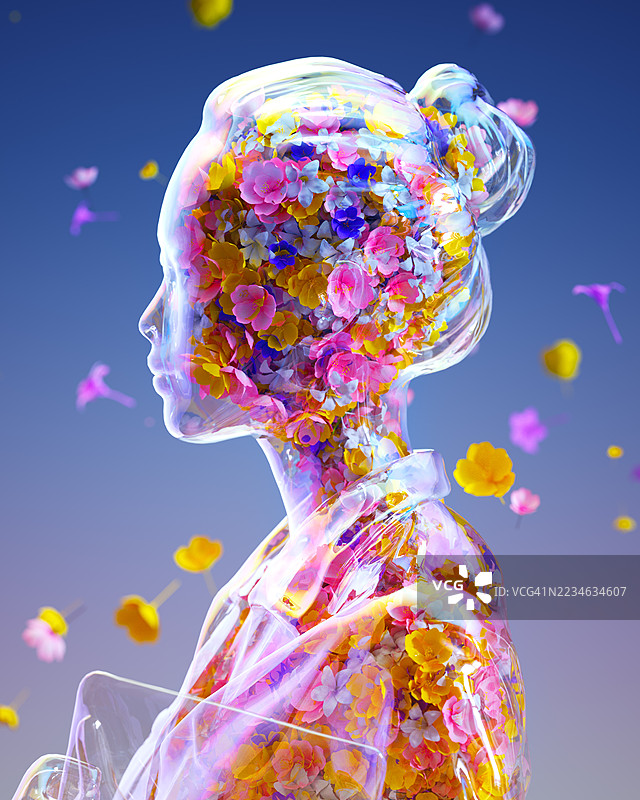 由透明塑料制成的女性剪影，填充着鲜花图片素材
