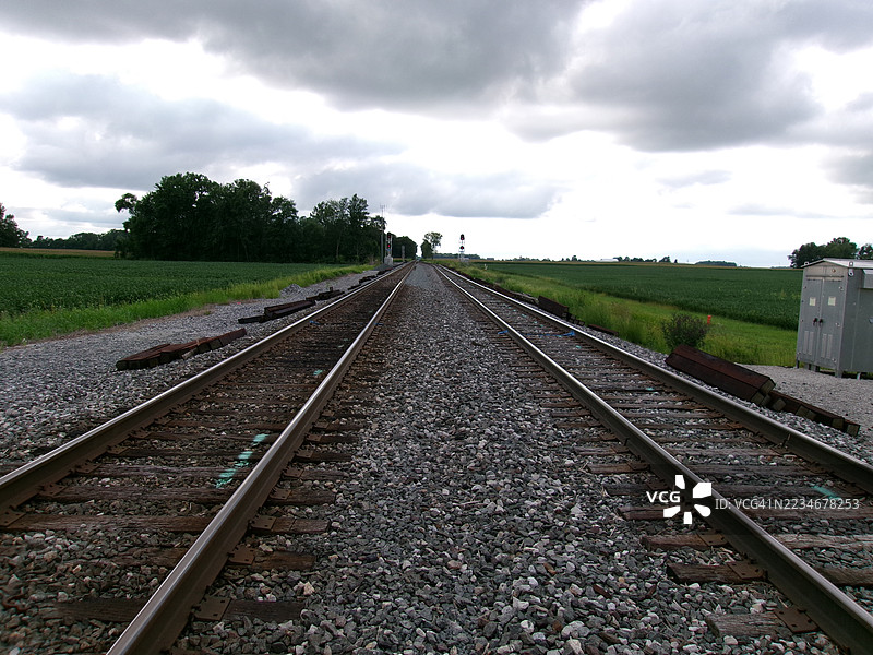 空旷的铁路轨道延伸至远方，天空阴云密布，哥伦比亚市，美国图片素材