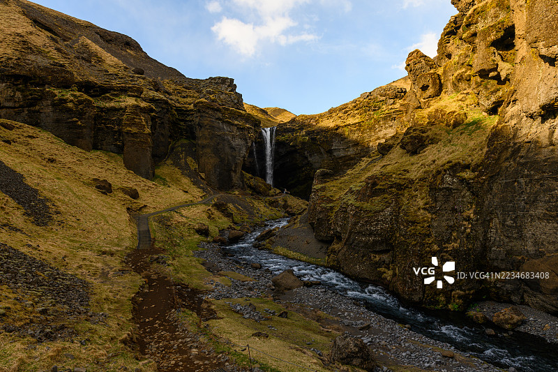 冰岛崎岖山脉中的壮丽瀑布图片素材