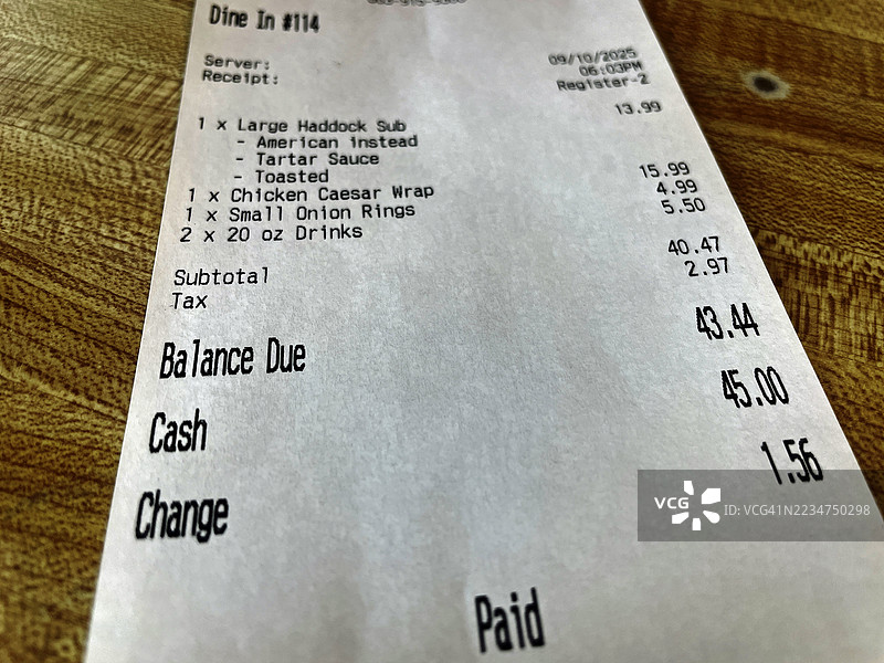 晚餐收据图片素材