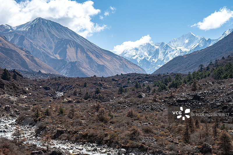 尼泊尔朗唐国家公园通往Kyanjin Gompa村的路上可以看到朗唐谷的风景。图片素材