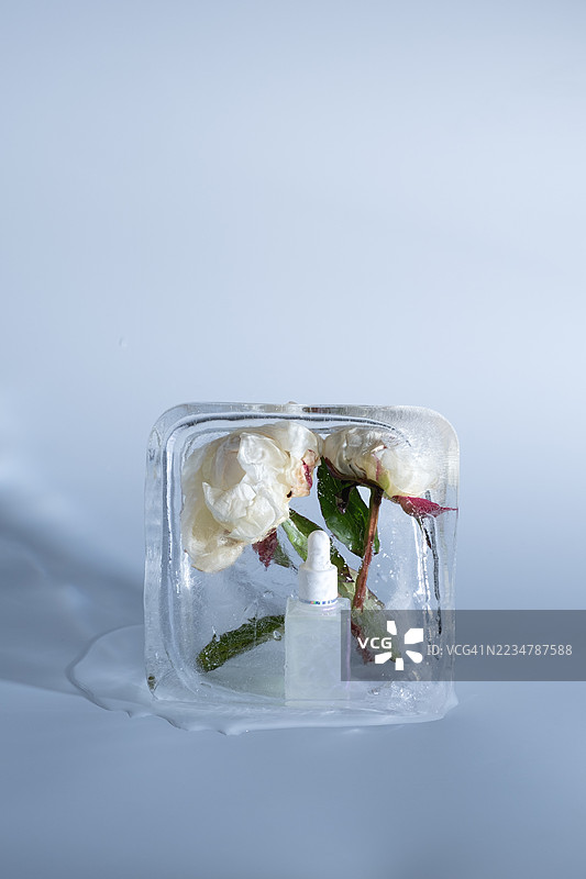 优雅的护肤瓶装有冰冻花朵，置于极简的冰冷环境中图片素材