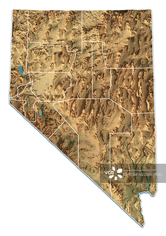 内华达州地形图 3D 渲染，独立的彩色县界图片素材