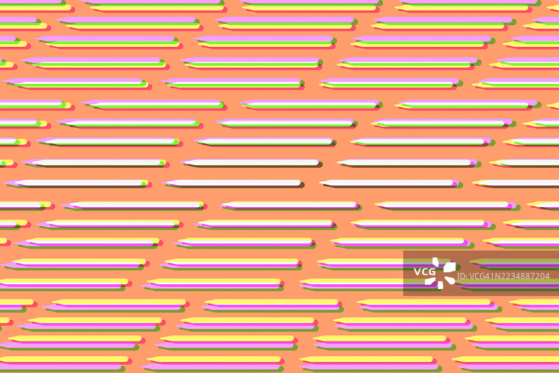 珊瑚色背景上平行排列的白色铅笔的故障双重曝光图案图片素材