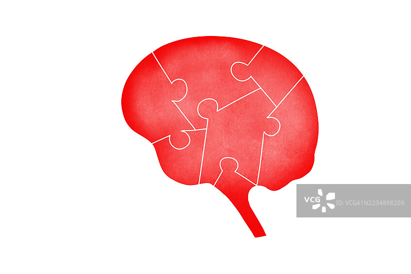 红色大脑形状的拼图，象征着思维过程和问题解决。图片素材