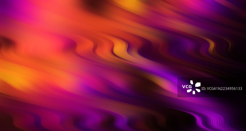 火焰橙色和深紫色背景中的波浪抽象渐变。模糊的抽象设计，带有光滑的波浪线条，呈现出明亮的橙色、粉色和紫色调，背景为深色。图片素材