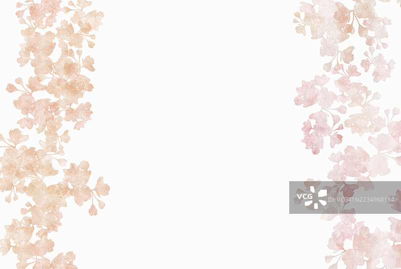 粉色和白色花朵及叶子的抽象水彩花边。图片素材