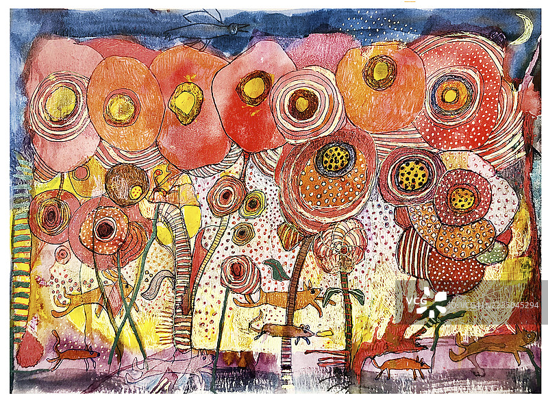 充满活力的花朵抽象画，伴有旋转的图案和鲜艳的色彩图片素材