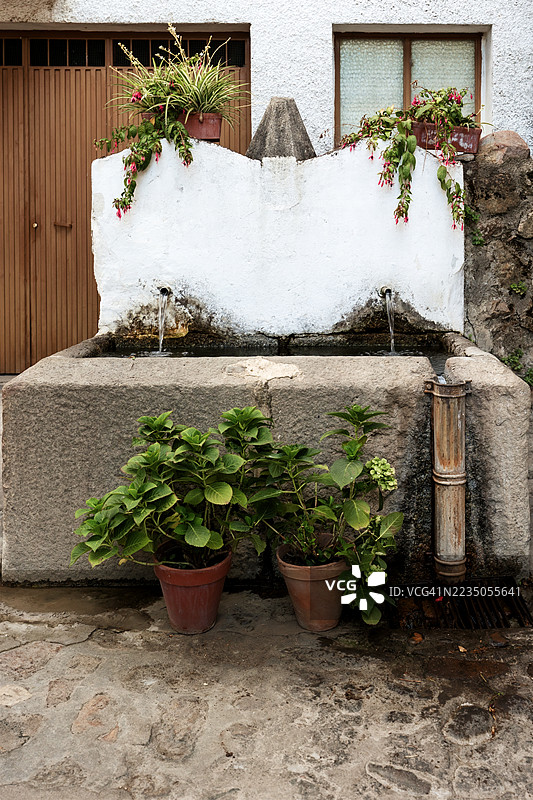 传统乡村风格的喷泉，前面有花盆和植物，背景是一面灰泥墙图片素材