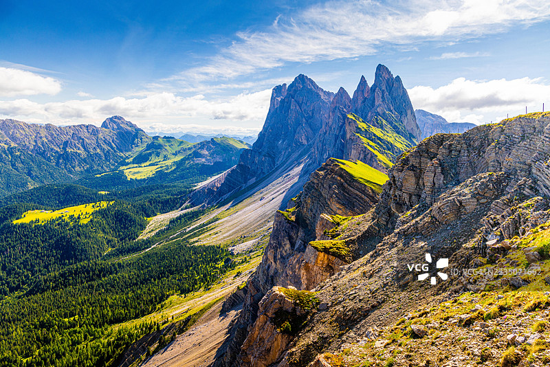 壮丽的阿尔卑斯山景观，郁郁葱葱的森林和高耸的山峰在蓝天之下，意大利瓦尔加尔德纳森林，尼维斯大道图片素材