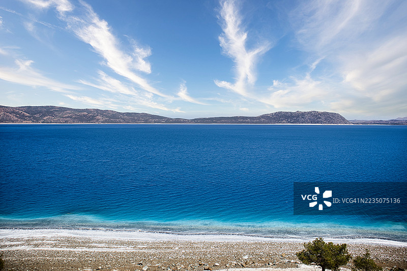 土耳其萨尔达湖令人惊叹的绿松石色湖水，背景是湛蓝的天空和远处的山峦，萨尔达，土耳其图片素材