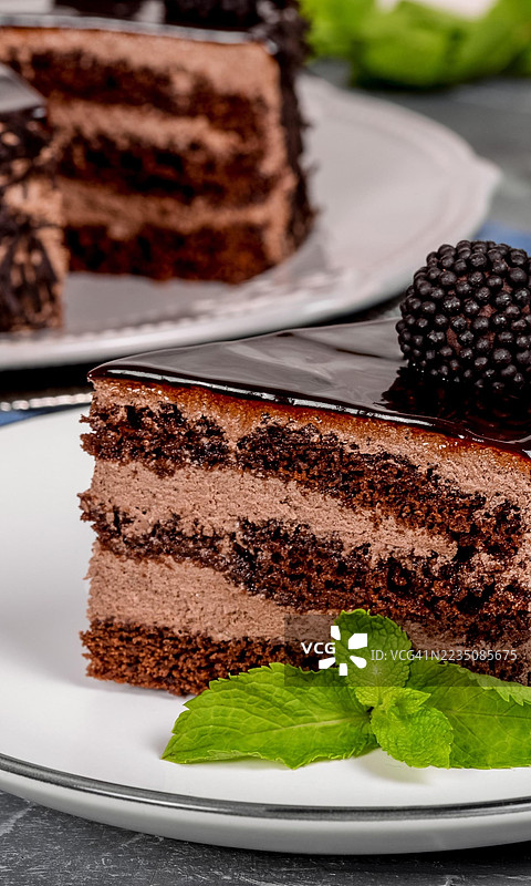 美味的巧克力蛋糕切片，上面覆盖着浓郁的糖霜，旁边点缀着新鲜薄荷，放在白色盘子上。图片素材