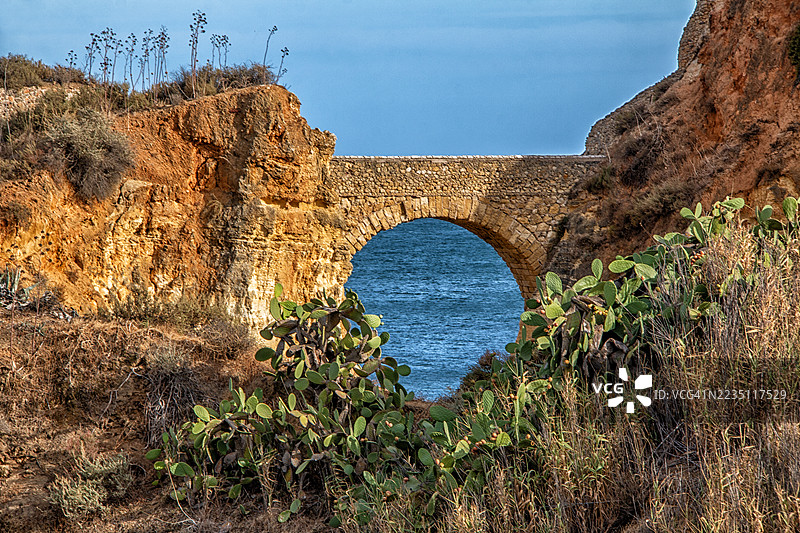 连接悬崖的石桥与大西洋和仙人掌，埃斯图丹特斯海滩，拉各斯，阿尔加维，葡萄牙 - 2025年8月31日图片素材