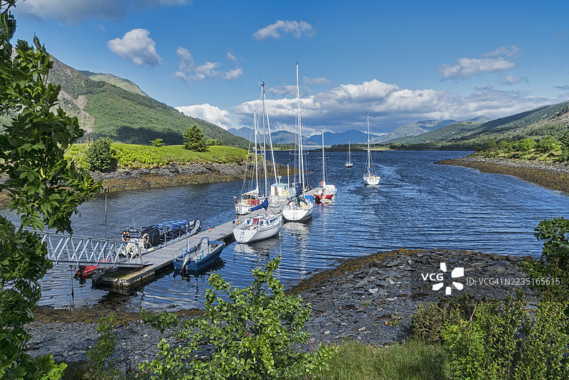 从巴拉赫卢什村向西望去，沿着莱文湖朝向巴拉赫卢什大桥。苏格兰高地地区，英国图片素材