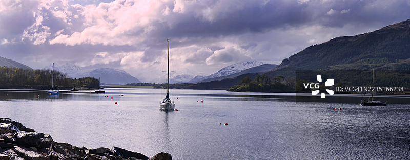 全景。从南巴拉赫利什向西俯瞰洛赫利文，看到巴拉赫利什大桥和雪覆盖的苏纳特半岛山脉——在洛赫林赫的另一侧。苏格兰高地地区，英国。图片素材