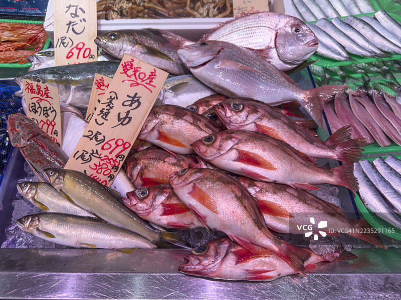 日本市场的新鲜海鲜展示图片素材