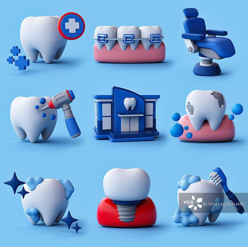 牙科图标的3D渲染，正畸牙科。医疗健康概念。图片素材