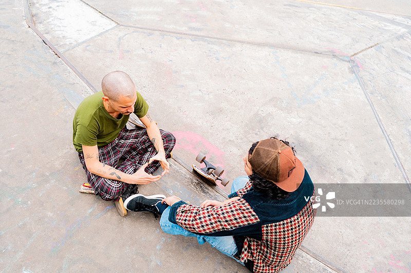 滑板朋友们在公园里交谈图片素材
