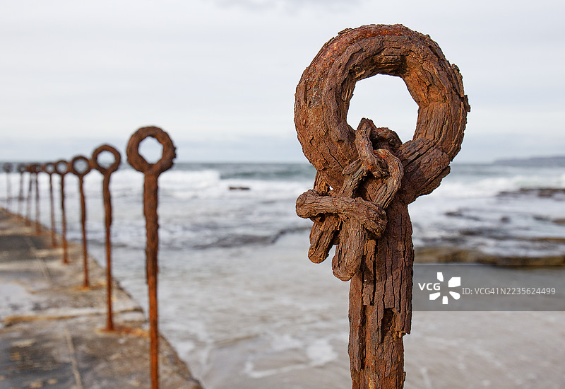 海滩上锈蚀的金属柱子特写，柱子上有一个环，背景是多云的天空和波浪，澳大利亚纽卡斯尔图片素材