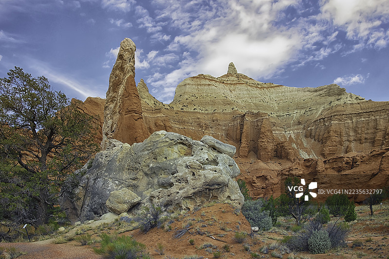 雄伟的岩石 formations 和干旱的景观在沙漠环境中映衬着生动的蓝天，位于美国卡农维尔，科达克罗姆盆地州立公园。图片素材